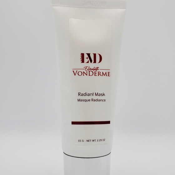 White radian mask tube with red elegant writting and silver screw cap that it stands on.